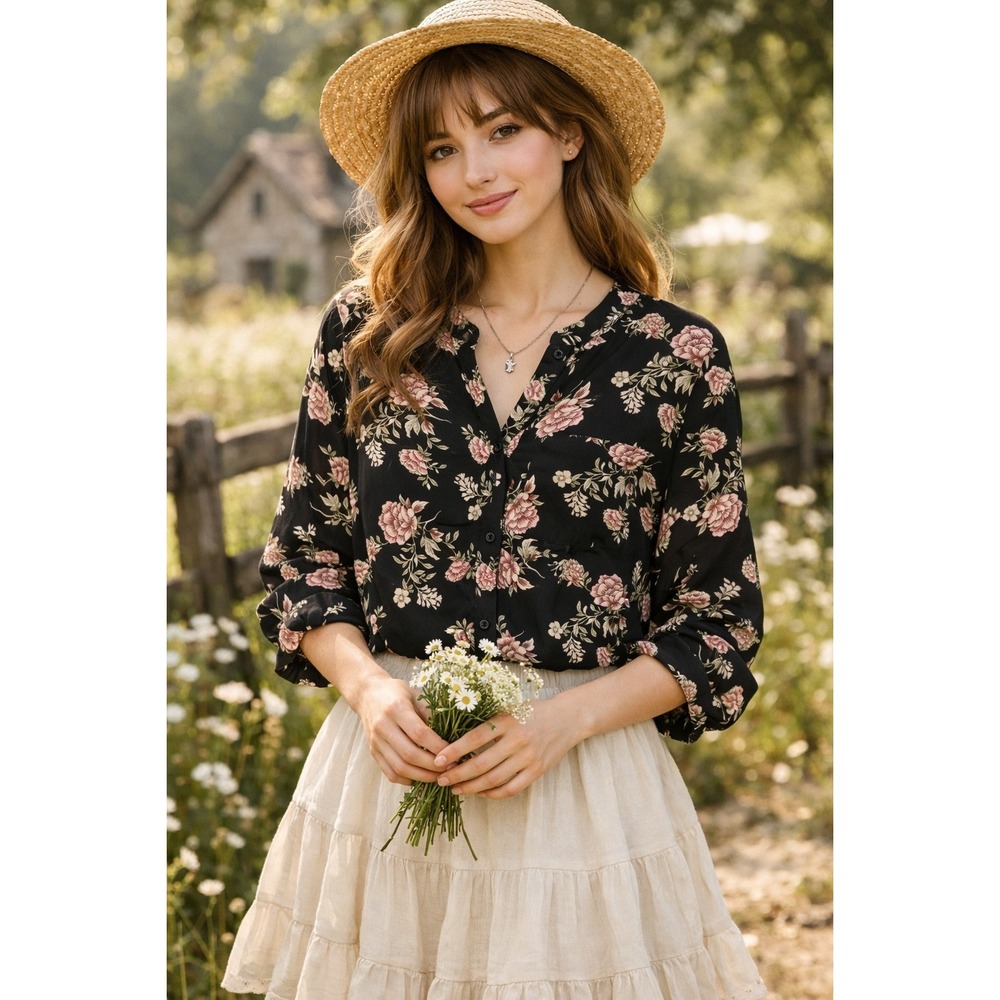 Whimsy Cottagecore Bohemian Simply Emma Roll Tab Sleeve Floral Blouse Size 1X